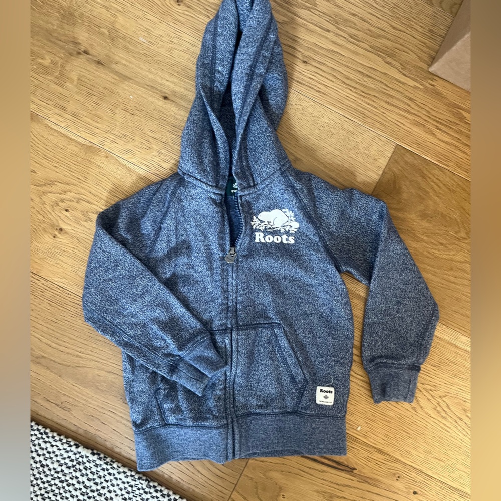 Roots Kids Navy-Gray Zip Hoodie with White Moose Logo